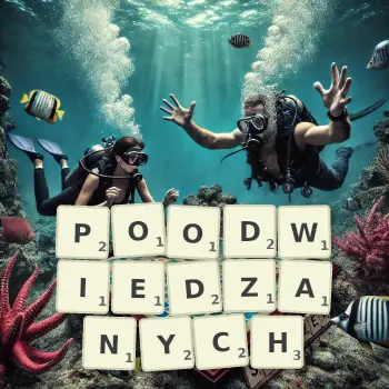 Kreatywna ilustracja do gry w Scrabble ze słowem POODWIEDZANYCH ułożonym z płytek na planszy.