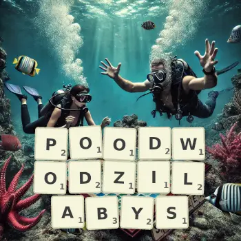 Kreatywna ilustracja do gry w Scrabble ze słowem POODWODZILABYS ułożonym z płytek na planszy.