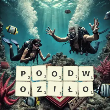 Kreatywna ilustracja do gry w Scrabble ze słowem POODWOZIŁO ułożonym z płytek na planszy.