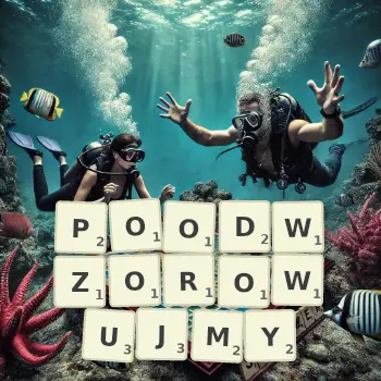 Kreatywna ilustracja do gry w Scrabble ze słowem POODWZOROWUJMY ułożonym z płytek na planszy.