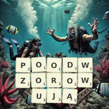 Kreatywna ilustracja do gry w Scrabble ze słowem POODWZOROWUJĄ ułożonym z płytek na planszy.