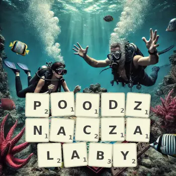 Kreatywna ilustracja do gry w Scrabble ze słowem POODZNACZALABY ułożonym z płytek na planszy.