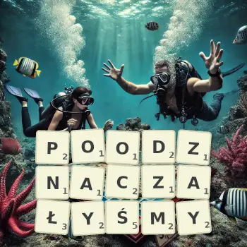 Kreatywna ilustracja do gry w Scrabble ze słowem POODZNACZAŁYŚMY ułożonym z płytek na planszy.