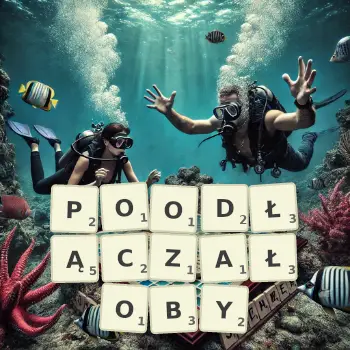 Kreatywna ilustracja do gry w Scrabble ze słowem POODŁĄCZAŁOBY ułożonym z płytek na planszy.