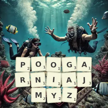 Kreatywna ilustracja do gry w Scrabble ze słowem POOGARNIAJMYZ ułożonym z płytek na planszy.