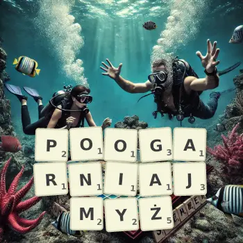 Kreatywna ilustracja do gry w Scrabble ze słowem POOGARNIAJMYŻ ułożonym z płytek na planszy.