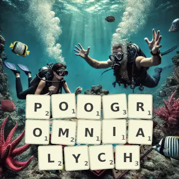 Kreatywna ilustracja do gry w Scrabble ze słowem POOGROMNIALYCH ułożonym z płytek na planszy.