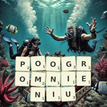 Kreatywna ilustracja do gry w Scrabble ze słowem POOGROMNIENIU ułożonym z płytek na planszy.