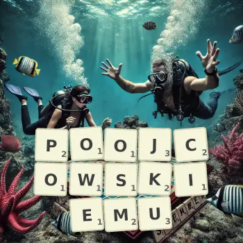 Kreatywna ilustracja do gry w Scrabble ze słowem POOJCOWSKIEMU ułożonym z płytek na planszy.