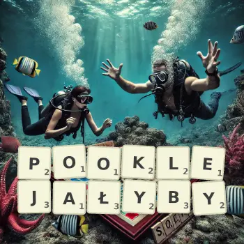 Kreatywna ilustracja do gry w Scrabble ze słowem POOKLEJAŁYBY ułożonym z płytek na planszy.