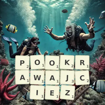 Kreatywna ilustracja do gry w Scrabble ze słowem POOKRAWAJCIEZ ułożonym z płytek na planszy.