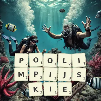 Kreatywna ilustracja do gry w Scrabble ze słowem POOLIMPIJSKIE ułożonym z płytek na planszy.