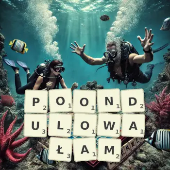 Kreatywna ilustracja do gry w Scrabble ze słowem POONDULOWAŁAM ułożonym z płytek na planszy.