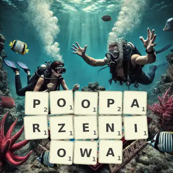 Kreatywna ilustracja do gry w Scrabble ze słowem POOPARZENIOWA ułożonym z płytek na planszy.