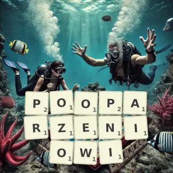 Kreatywna ilustracja do gry w Scrabble ze słowem POOPARZENIOWI ułożonym z płytek na planszy.