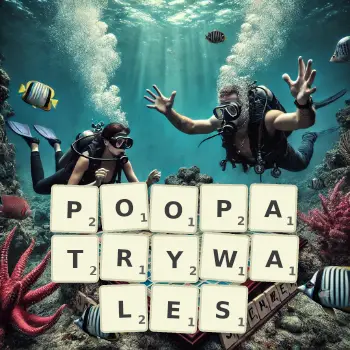 Kreatywna ilustracja do gry w Scrabble ze słowem POOPATRYWALES ułożonym z płytek na planszy.