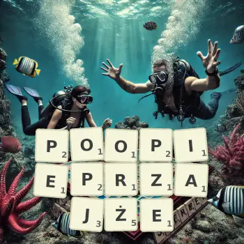 Kreatywna ilustracja do gry w Scrabble ze słowem POOPIEPRZAJŻE ułożonym z płytek na planszy.
