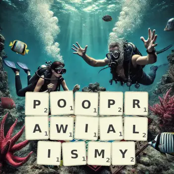 Kreatywna ilustracja do gry w Scrabble ze słowem POOPRAWIALISMY ułożonym z płytek na planszy.