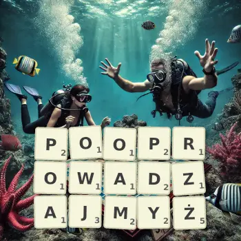 Kreatywna ilustracja do gry w Scrabble ze słowem POOPROWADZAJMYŻ ułożonym z płytek na planszy.