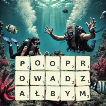 Kreatywna ilustracja do gry w Scrabble ze słowem POOPROWADZAŁBYM ułożonym z płytek na planszy.