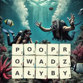 Kreatywna ilustracja do gry w Scrabble ze słowem POOPROWADZAŁYBY ułożonym z płytek na planszy.
