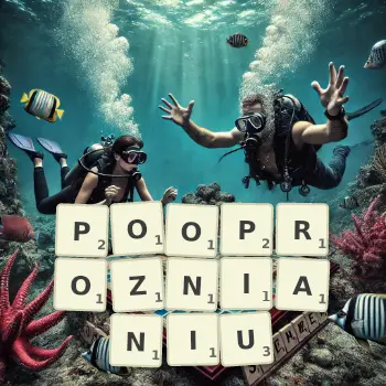 Kreatywna ilustracja do gry w Scrabble ze słowem POOPROZNIANIU ułożonym z płytek na planszy.