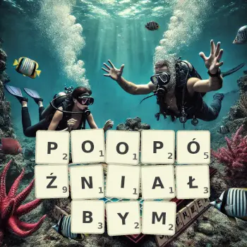 Kreatywna ilustracja do gry w Scrabble ze słowem POOPÓŹNIAŁBYM ułożonym z płytek na planszy.