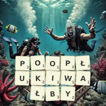 Kreatywna ilustracja do gry w Scrabble ze słowem POOPŁUKIWAŁBY ułożonym z płytek na planszy.