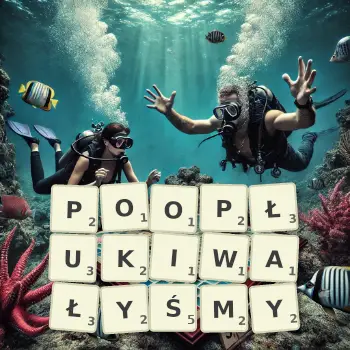 Kreatywna ilustracja do gry w Scrabble ze słowem POOPŁUKIWAŁYŚMY ułożonym z płytek na planszy.