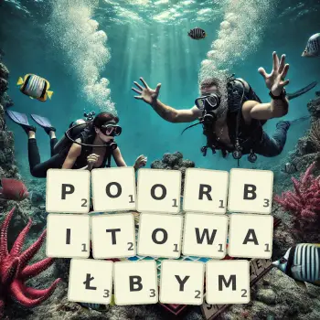 Kreatywna ilustracja do gry w Scrabble ze słowem POORBITOWAŁBYM ułożonym z płytek na planszy.