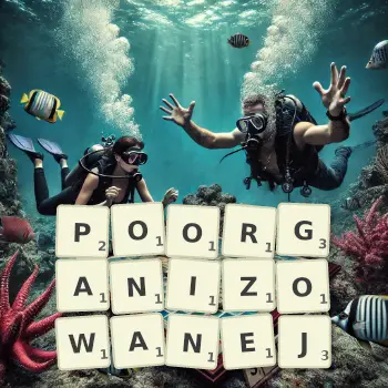 Kreatywna ilustracja do gry w Scrabble ze słowem POORGANIZOWANEJ ułożonym z płytek na planszy.