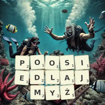 Kreatywna ilustracja do gry w Scrabble ze słowem POOSIEDLAJMYŻ ułożonym z płytek na planszy.