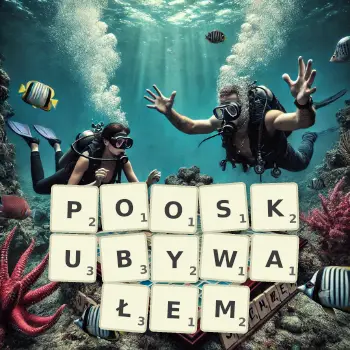 Kreatywna ilustracja do gry w Scrabble ze słowem POOSKUBYWAŁEM ułożonym z płytek na planszy.