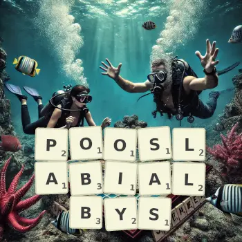 Kreatywna ilustracja do gry w Scrabble ze słowem POOSLABIALBYS ułożonym z płytek na planszy.