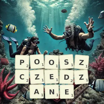 Kreatywna ilustracja do gry w Scrabble ze słowem POOSZCZEDZANE ułożonym z płytek na planszy.