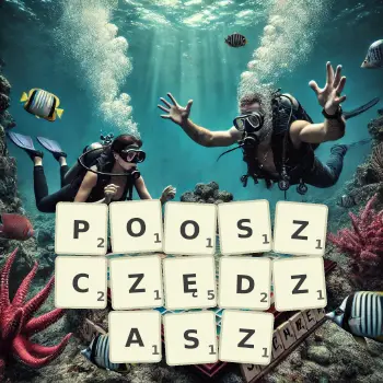 Kreatywna ilustracja do gry w Scrabble ze słowem POOSZCZĘDZASZ ułożonym z płytek na planszy.