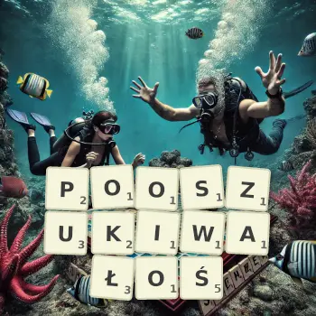 Kreatywna ilustracja do gry w Scrabble ze słowem POOSZUKIWAŁOŚ ułożonym z płytek na planszy.
