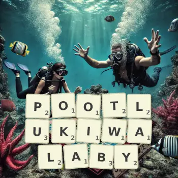 Kreatywna ilustracja do gry w Scrabble ze słowem POOTLUKIWALABY ułożonym z płytek na planszy.