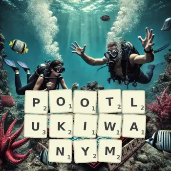 Kreatywna ilustracja do gry w Scrabble ze słowem POOTLUKIWANYM ułożonym z płytek na planszy.