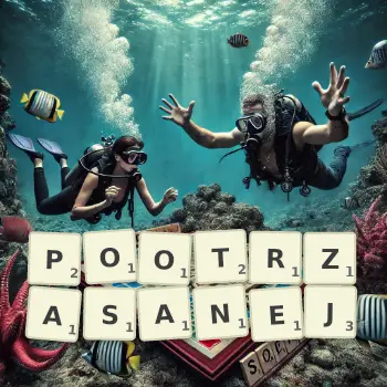 Kreatywna ilustracja do gry w Scrabble ze słowem POOTRZASANEJ ułożonym z płytek na planszy.