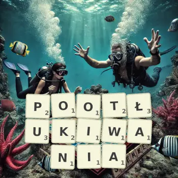 Kreatywna ilustracja do gry w Scrabble ze słowem POOTŁUKIWANIA ułożonym z płytek na planszy.
