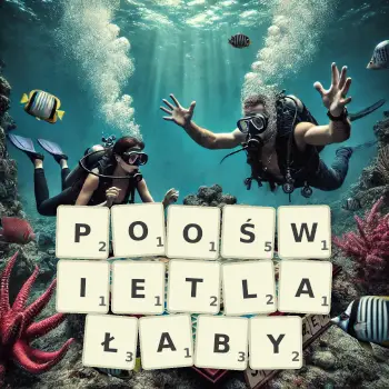 Kreatywna ilustracja do gry w Scrabble ze słowem POOŚWIETLAŁABY ułożonym z płytek na planszy.