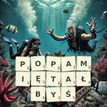 Kreatywna ilustracja do gry w Scrabble ze słowem POPAMIĘTAŁBYŚ ułożonym z płytek na planszy.