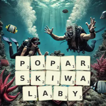 Kreatywna ilustracja do gry w Scrabble ze słowem POPARSKIWALABY ułożonym z płytek na planszy.