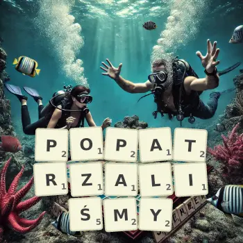 Kreatywna ilustracja do gry w Scrabble ze słowem POPATRZALIŚMY ułożonym z płytek na planszy.