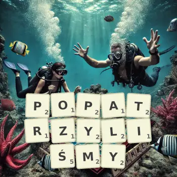 Kreatywna ilustracja do gry w Scrabble ze słowem POPATRZYLIŚMY ułożonym z płytek na planszy.