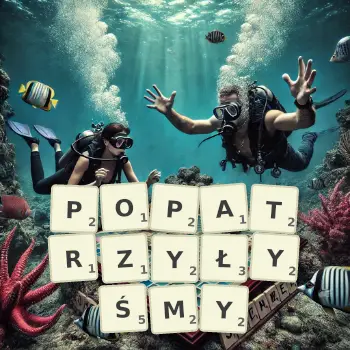 Kreatywna ilustracja do gry w Scrabble ze słowem POPATRZYŁYŚMY ułożonym z płytek na planszy.