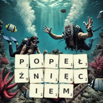 Kreatywna ilustracja do gry w Scrabble ze słowem POPEŁŹNIĘCIEM ułożonym z płytek na planszy.
