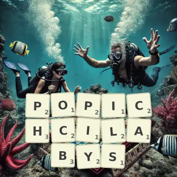 Kreatywna ilustracja do gry w Scrabble ze słowem POPICHCILABYS ułożonym z płytek na planszy.