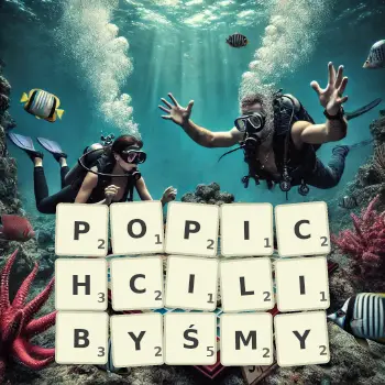 Kreatywna ilustracja do gry w Scrabble ze słowem POPICHCILIBYŚMY ułożonym z płytek na planszy.